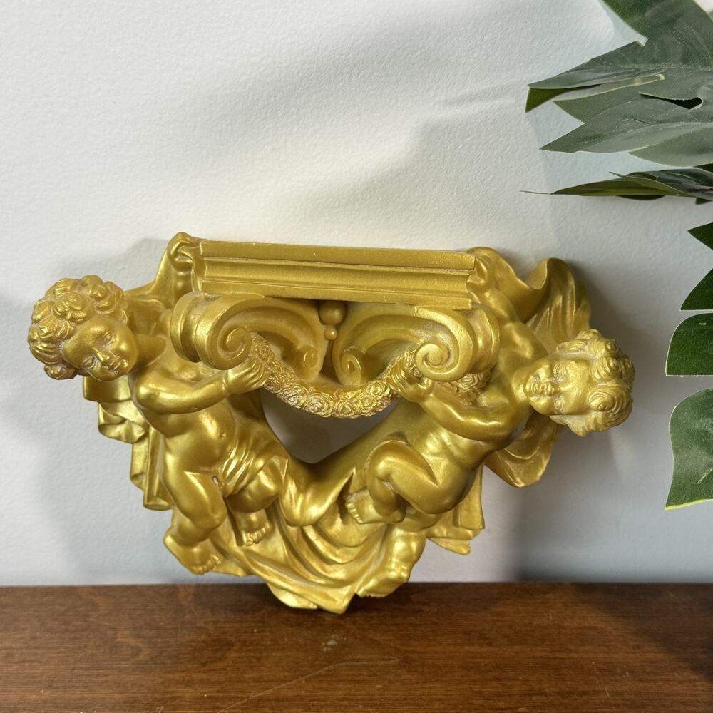 Vintage Gold Cherub Putti Wall Shelf Sconce Baroque Corinthian Decor